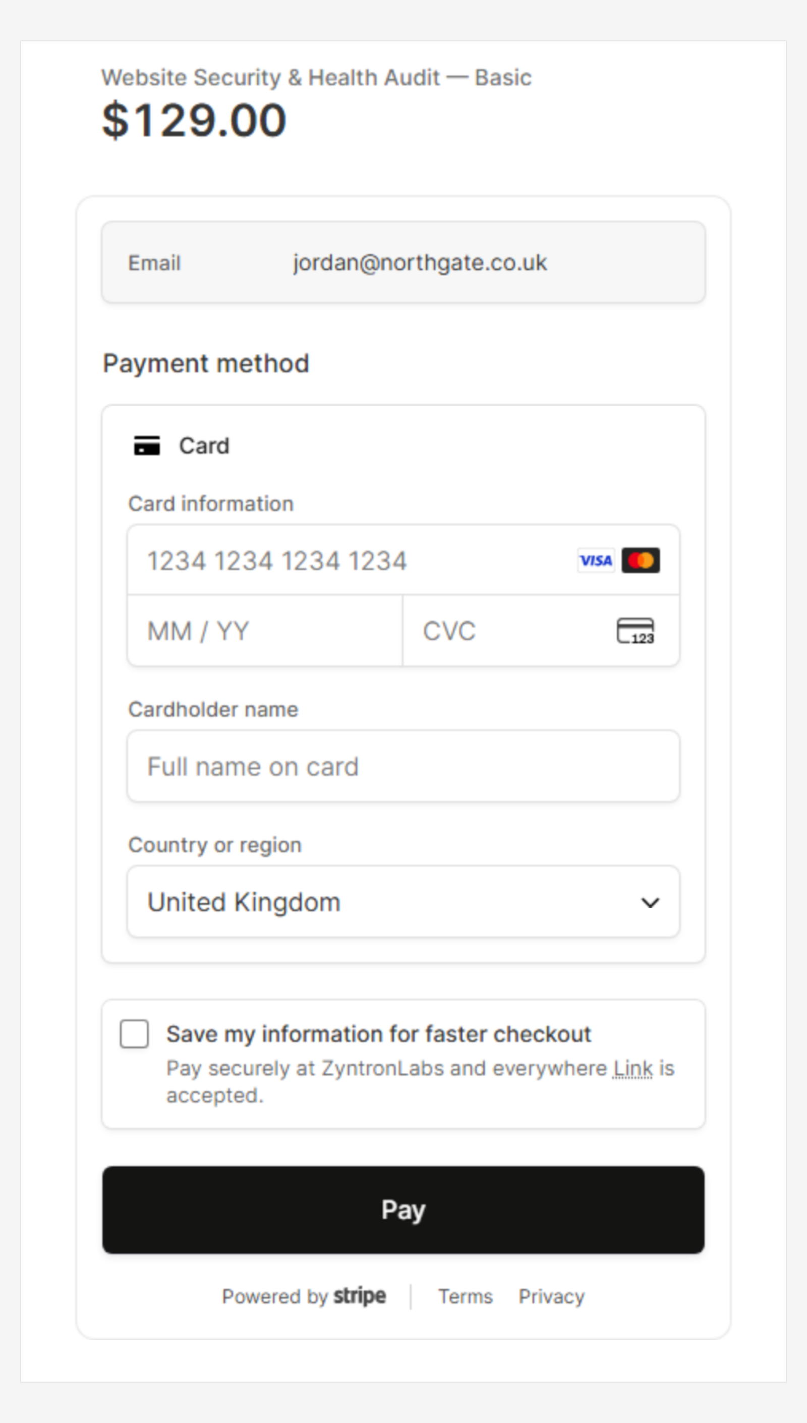 The Stripe payment box showing the email row, the card fields and the Pay button