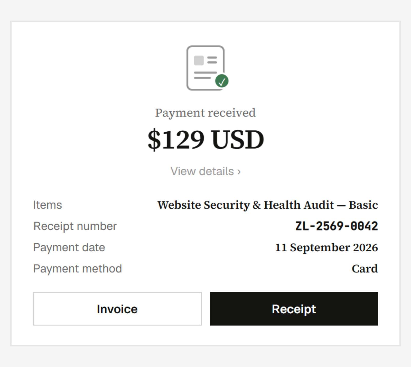The receipt page showing the item, the receipt number and the download buttons