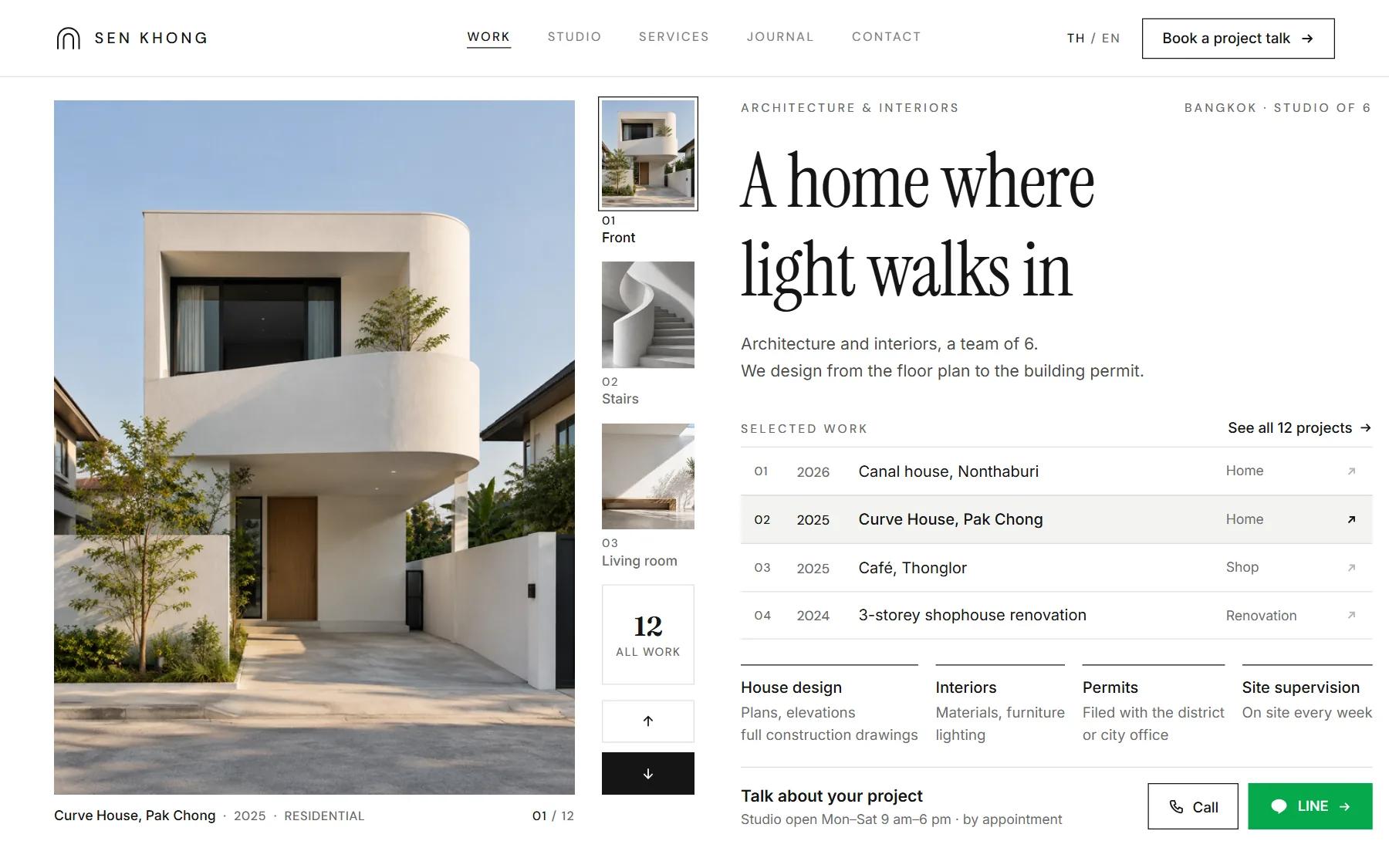 Architecture studio sample website, SEN KHONG, on desktop