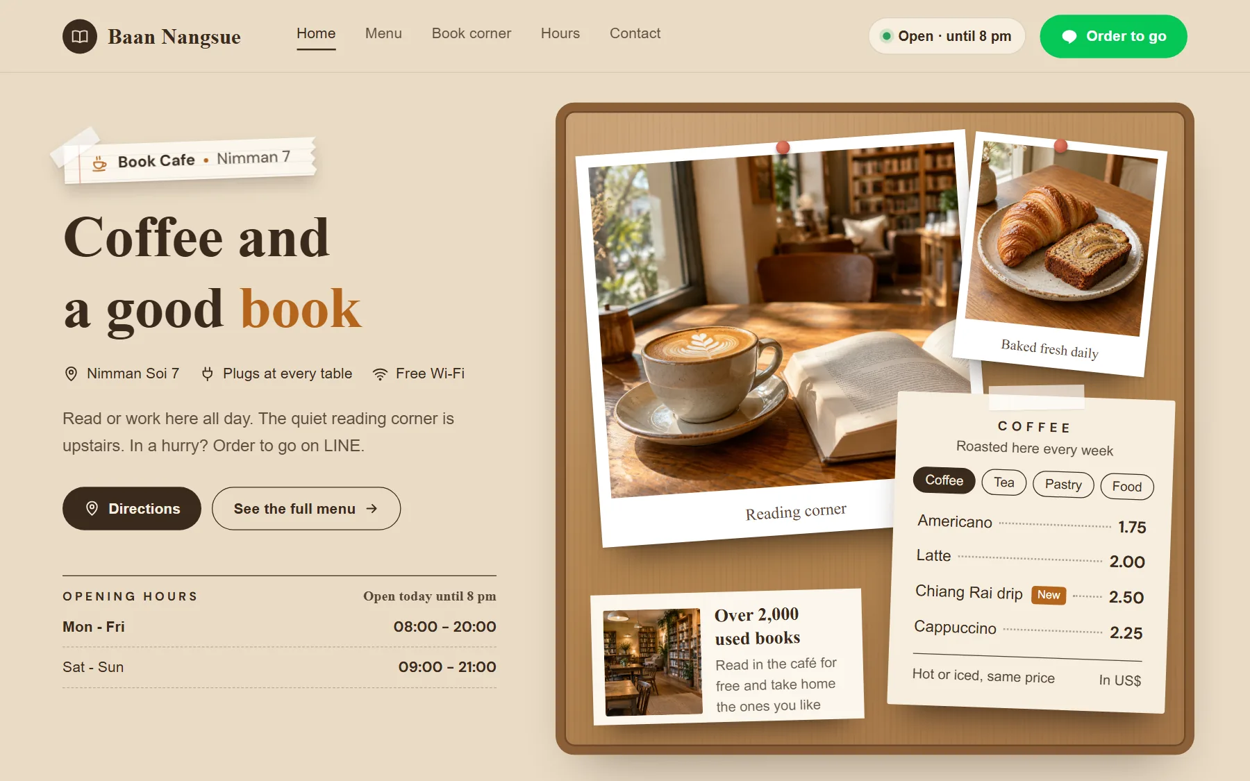 Café sample website, Baan Nangsue, on desktop