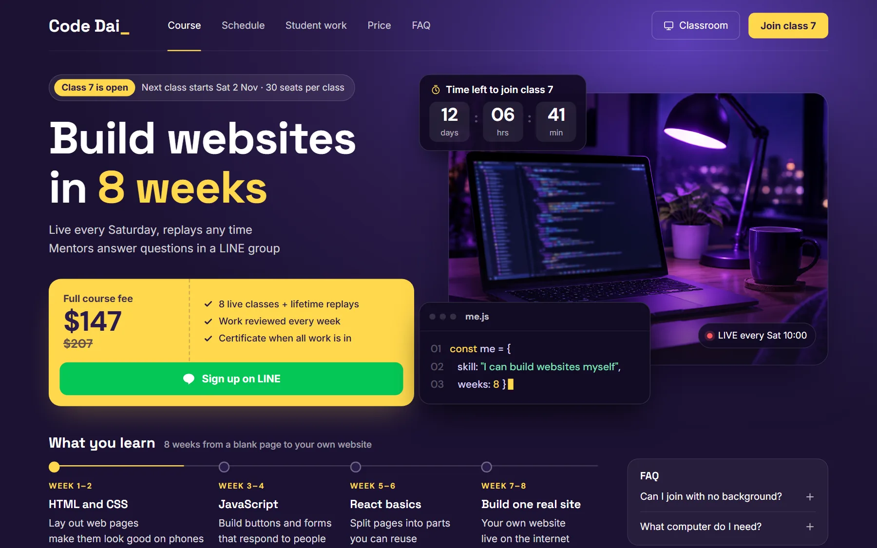 Online course sample website, Code Dai_, on desktop