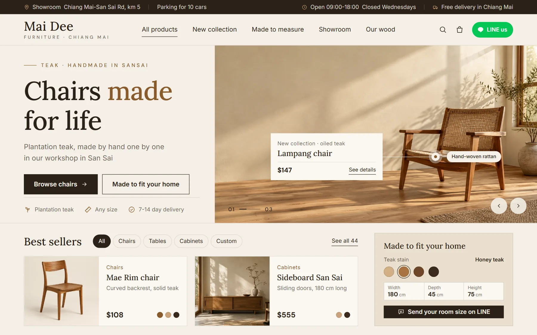 Furniture shop sample website, Mai Dee, on desktop