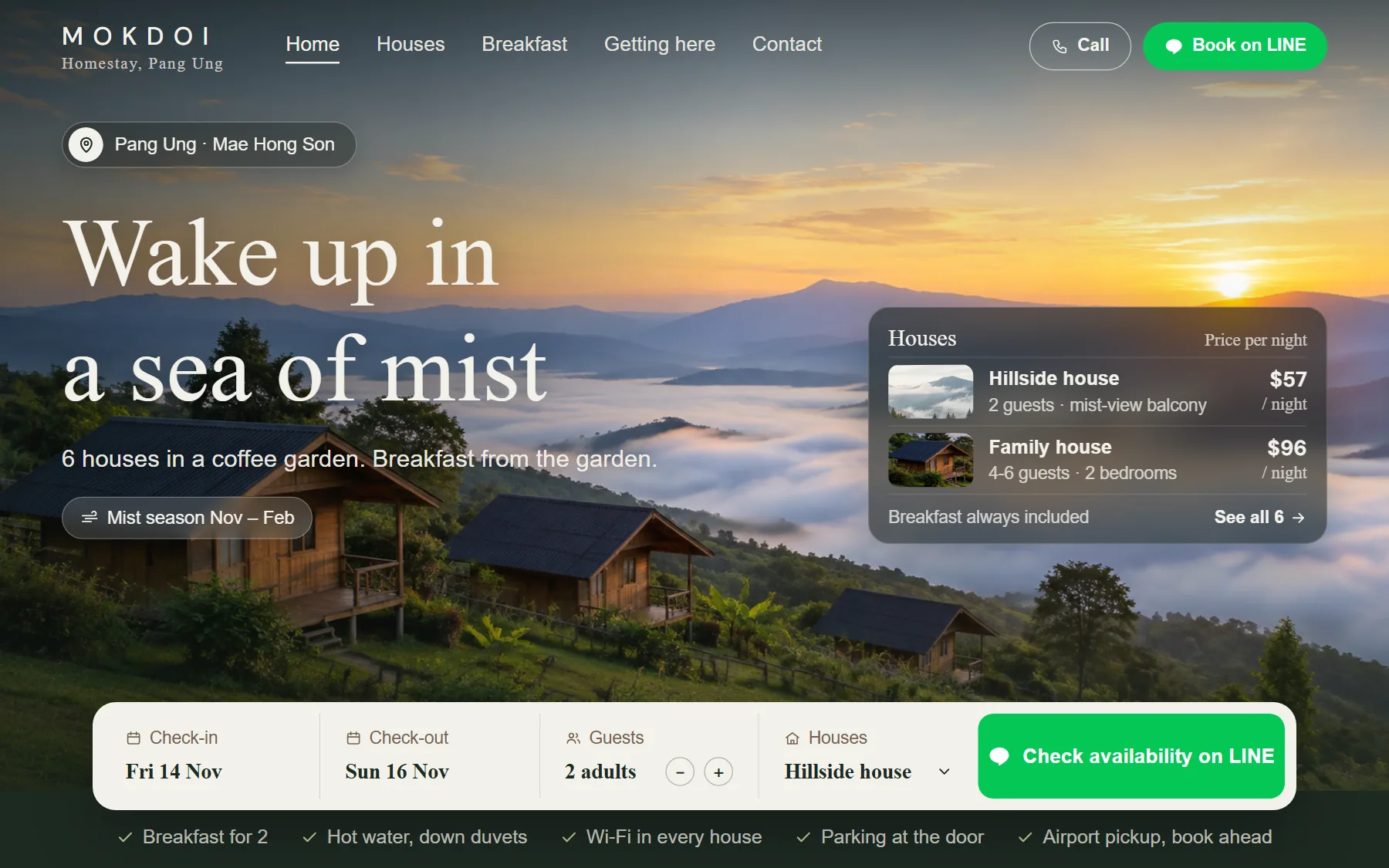 Homestay sample website, MOKDOI, on desktop