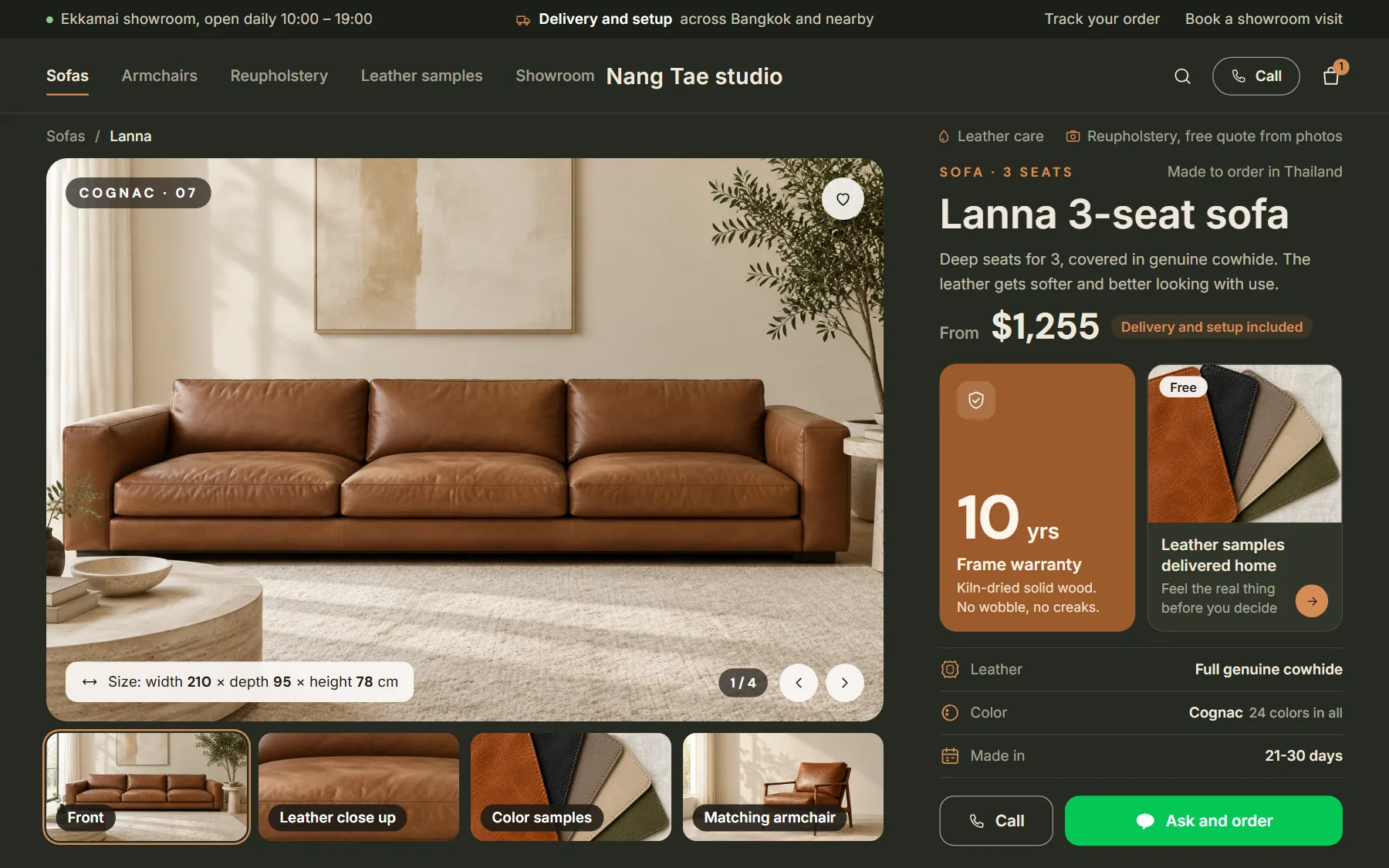 Leather sofa shop sample website, Nang Tae studio, on desktop