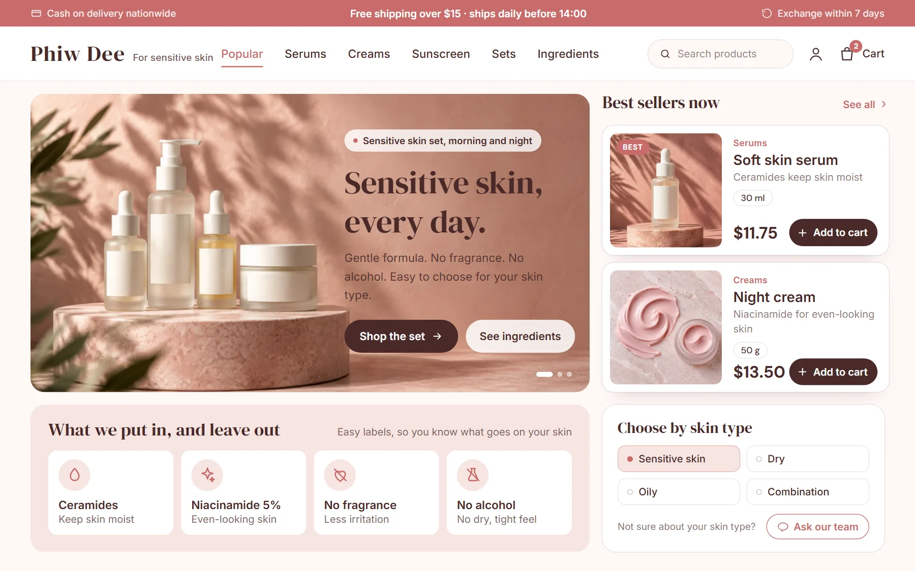 Skincare brand sample website, Phiw Dee, on desktop