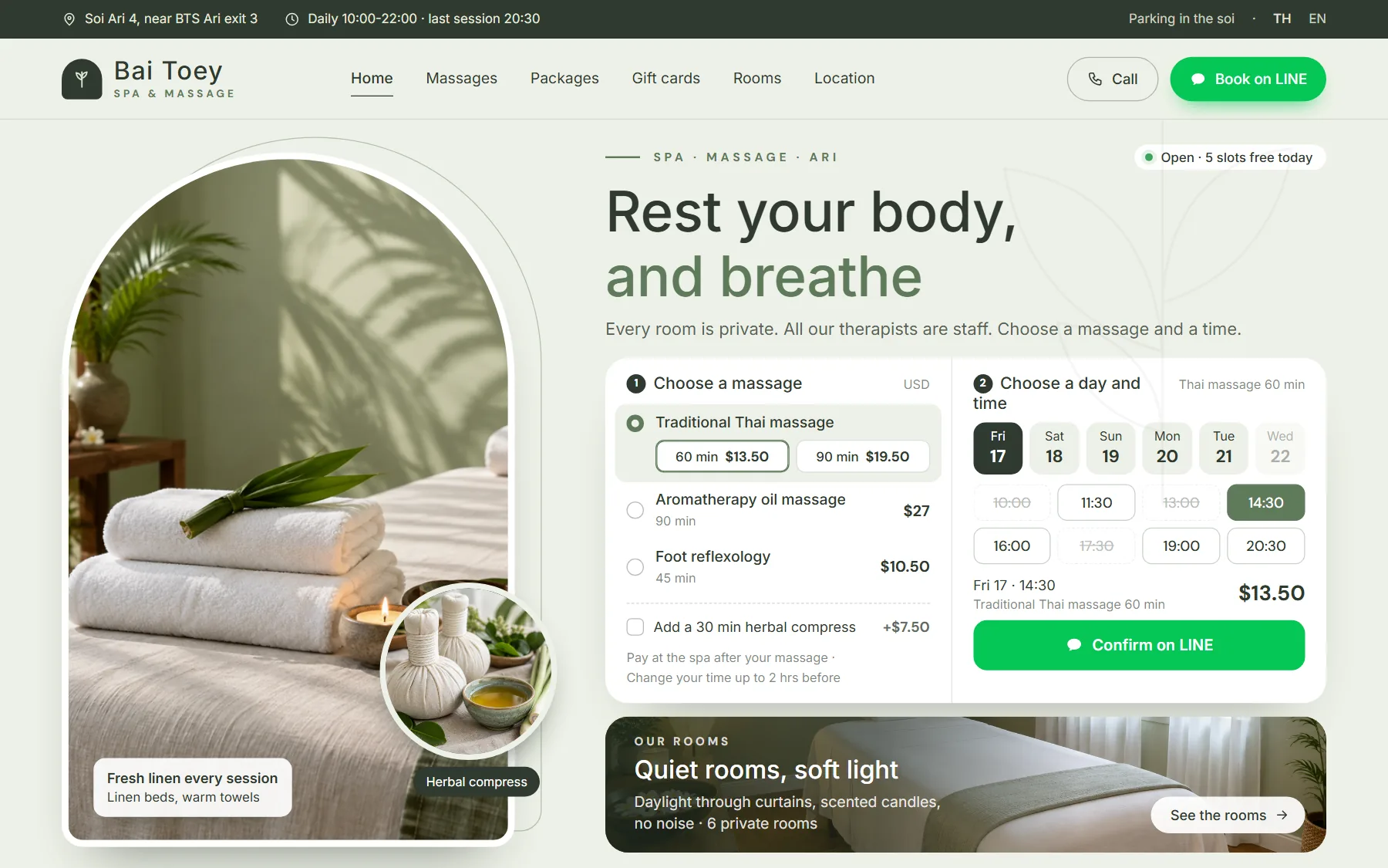 Spa and massage sample website, Bai Toey, on desktop