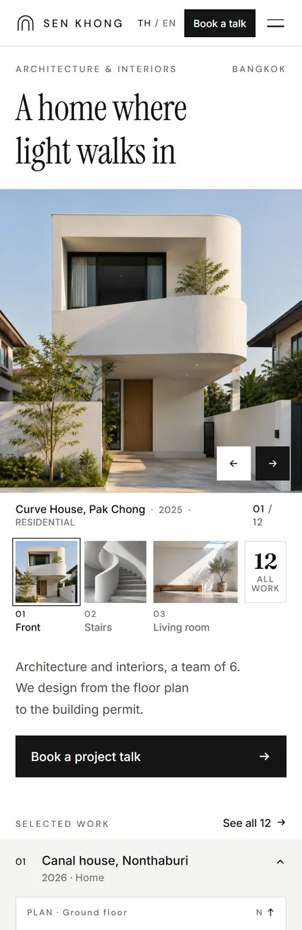 Architecture studio sample website, SEN KHONG, on mobile