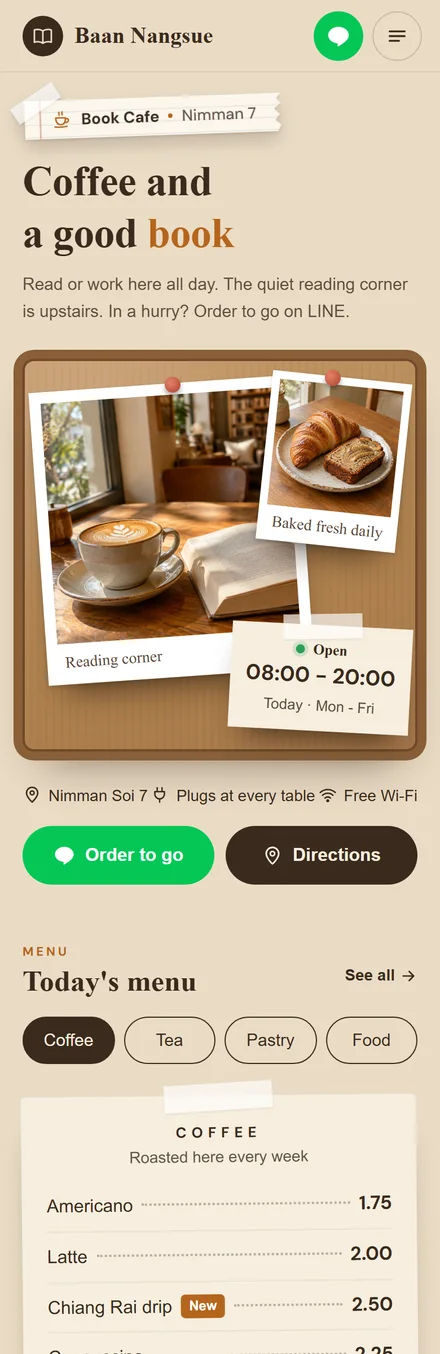 Café sample website, Baan Nangsue, on mobile