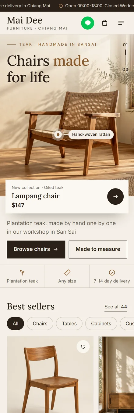 Furniture shop sample website, Mai Dee, on mobile