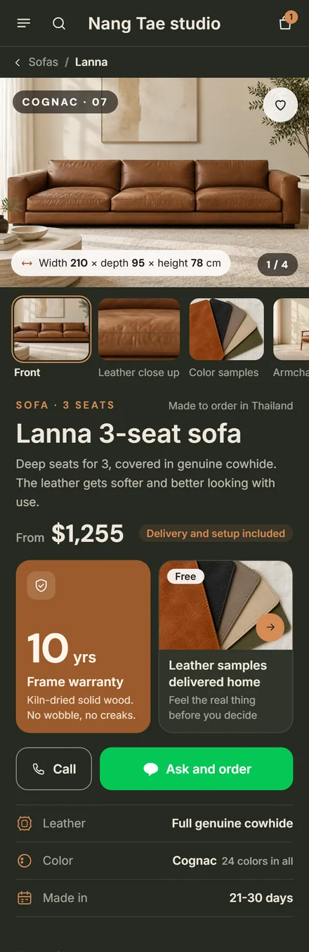 Leather sofa shop sample website, Nang Tae studio, on mobile