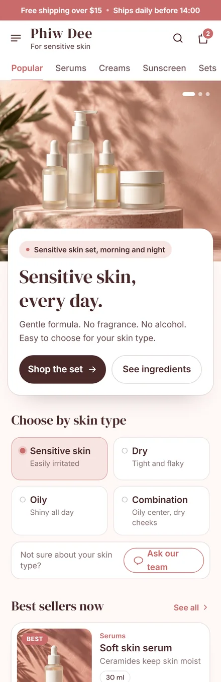 Skincare brand sample website, Phiw Dee, on mobile